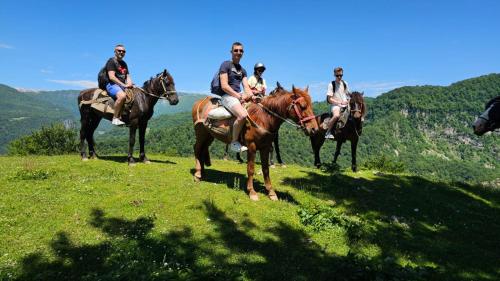 a group of people riding horses on a hill at Guest House Balda in Martvili