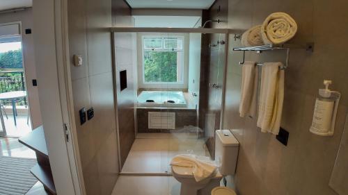 a bathroom with a sink and a toilet and a window at Champet Boutique Hotel in Campos do Jordão
