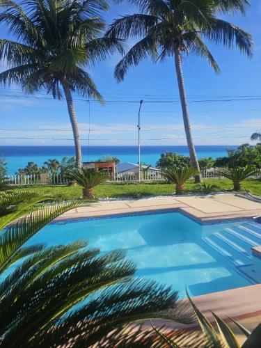 a pool with palm trees and the ocean in the background at Villa Rosa in Bejuquero