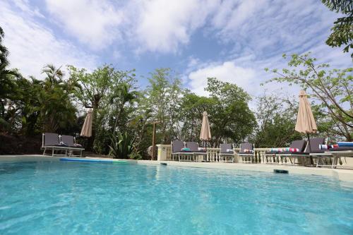 格罗斯岛Cap Pavilion, St Lucia 6 bed luxury villa, private pool, gardens and 360' sea views的一个带椅子和遮阳伞的游泳池