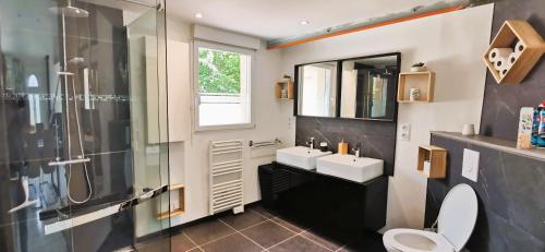 une salle de bain avec toilettes, lavabo et douche dans l'établissement Maison Bérenger Normandie- 6 personnes, à Saint-Manvieu-Bocage