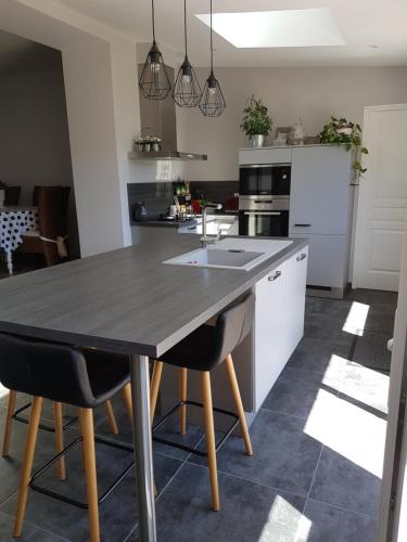 une cuisine avec une grande table et des chaises en bois dans l'établissement Charmante maison de ville, au Mans