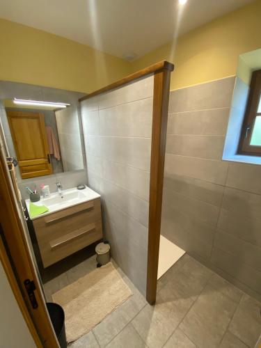 une salle de bain avec un lavabo et un miroir dans l'établissement La Grange de la Fiole, à Blanot