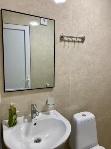a bathroom with a sink and a mirror and a toilet at Hotel Umbrella in Shekvetili