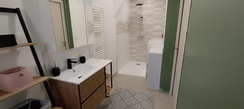une salle de bain blanche avec un lavabo et une douche dans l'établissement Chambres d'hôtes à 20 min du circuit des 24H, à Beaufay