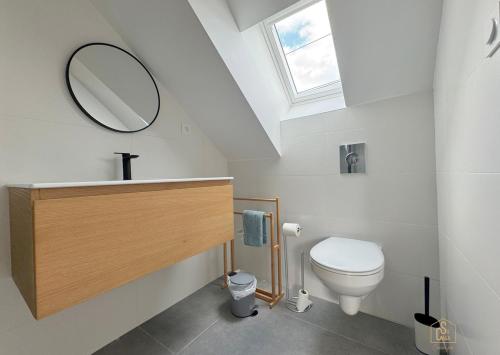 a bathroom with a sink and a toilet with a mirror at La Cidrerie, havre entre campagne et océan in Plouhinec