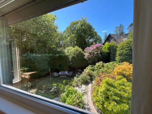 a view of a garden from a window at The Shades - Bliss In The Heart of Windermere in Windermere