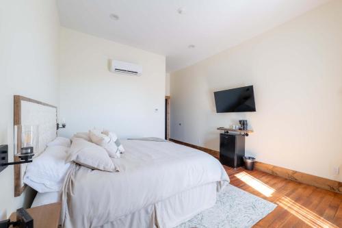 Un dormitorio con una cama blanca y un televisor. en Courtyard King - Room 4, en Versailles