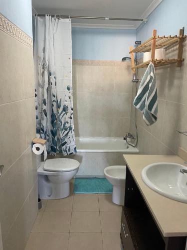 a bathroom with a toilet and a sink and a shower at Apartament Jardin De Alba in Villamartin in Orihuela Costa