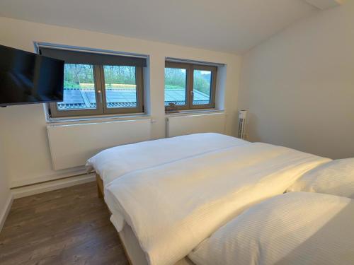 a bedroom with two beds and a flat screen tv at Landhaus Jarnitz in Ralswiek