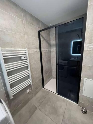 une douche avec une porte vitrée dans une salle de bain dans l'établissement Location maison Audierne, à Audierne