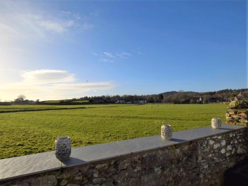 a stone wall with a field in the background at 2 Bed in Cartmel 73154 in Cartmel