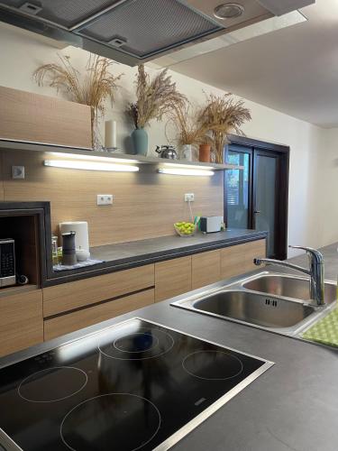 a kitchen with a sink and a counter top at Kisfaludy Kásté in Dobronhegy