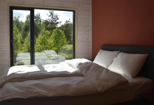 a bed in a room with a large window at Getlost cabins in Valanciunai