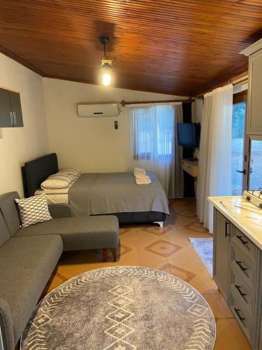 a living room with two beds and a couch at Arya nature çiftlik in Marmaris
