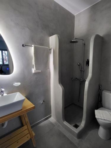 a bathroom with a shower and a toilet and a sink at Armonia Villa Serifos in Rámos
