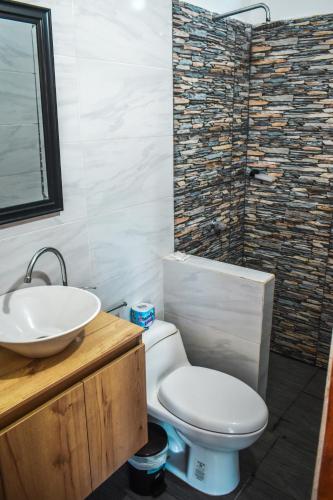 a bathroom with a white toilet and a sink at Hotel Agroturistico Palma Vino in Arboletes