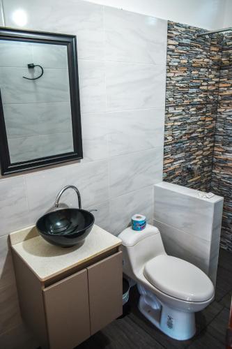 a bathroom with a sink and a toilet and a mirror at Hotel Agroturistico Palma Vino in Arboletes