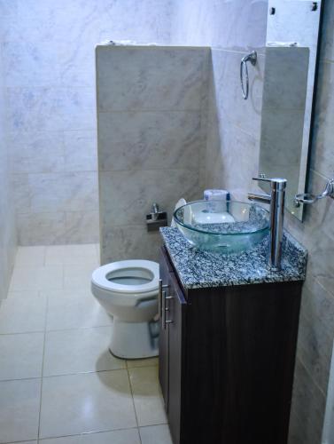a bathroom with a sink and a toilet at Hotel Agroturistico Palma Vino in Arboletes