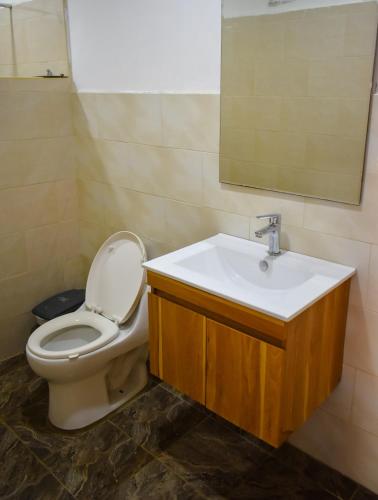 a bathroom with a toilet and a sink and a mirror at Hotel Agroturistico Palma Vino in Arboletes