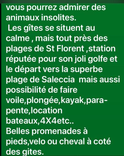 une zone de texte verte avec les mots saikiyemiemiaemiemiaemiaemia dans l'établissement gite au paradis, parc animalier, à Olmeta-di-Tuda