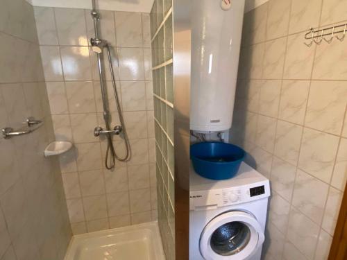 a bathroom with a washing machine and a washer at Eszter Vendégház Harta in Harta