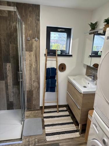 La petite salle de bains est pourvue d'une douche et d'un lavabo. dans l'établissement Chalet de charme en pleine ville, à Sens