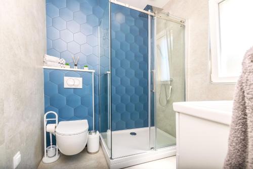 a bathroom with a shower and a toilet and a sink at House Paval in Brnistrova