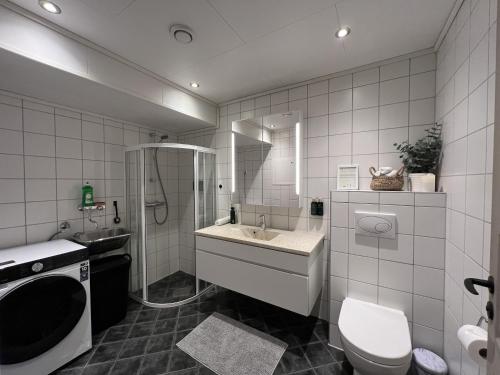 a bathroom with a sink and a toilet and a mirror at Bratsberg Apartment - with Kitchenette and Free Parking in Trondheim