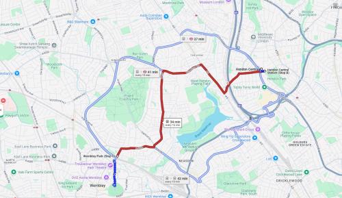 a map of a city with colored roads at Hendon Haven - Stylish 1BD, sleeps 3, Parking, Wembley Stadium & Northern Line in Colindale
