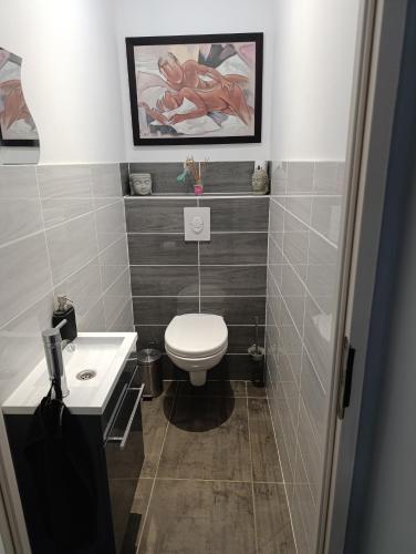 une salle de bain avec toilettes et lavabo dans l'établissement Maison vias village, à La Celle-sous-Gouzon
