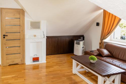a living room with a couch and a fireplace at Apartament na Górnej in Puńsk