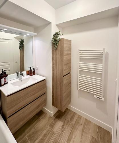 une salle de bain avec un lavabo et un miroir dans l'établissement Bienvenue Chez Annabelle - Meaux, à Meaux