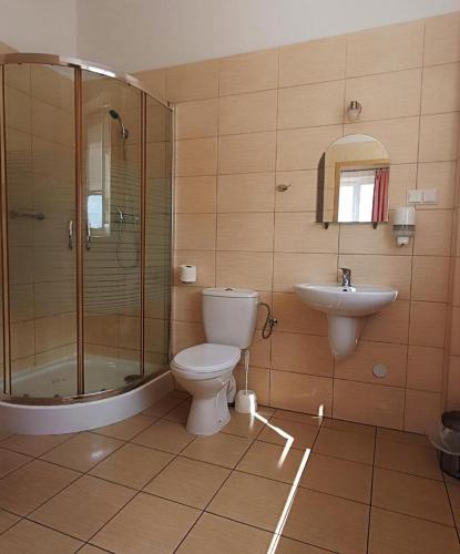 a bathroom with a shower and a toilet and a sink at Sami Swoi Kutno in Kutno