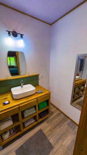 a bathroom with a sink and a mirror at Toucan Hill Lodge in Bocas del Toro