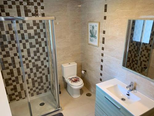 a bathroom with a toilet and a shower and a sink at Villa Serena near the beach in Mijas Costa