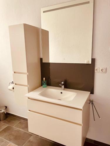 a bathroom with a white sink and a mirror at Ferienwohnung in der Hardt in Luxem