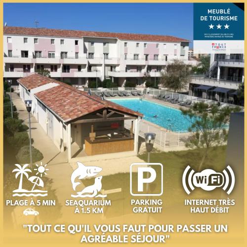 an advertisement for a resort with a swimming pool at LE BLEU CAMARGUE - T3 EN DUPLEX CLASSÉ 3 ETOILES - CLIM - ARRIVÉE AUTONOME - Piscine privative à la résidence - Parking Gratuit - Wifi FIBRE - Animaux acceptés - Idéale Famille couple télétravail in Le Grau-du-Roi