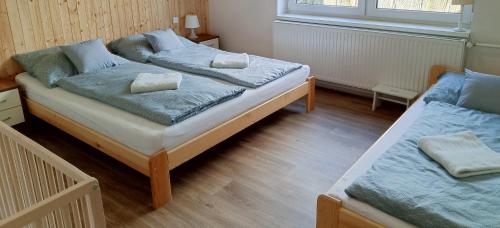 a bedroom with two beds and a window at Chalupa u Martina in Vápenice