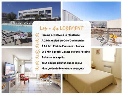 a collage of photos of a hotel room with a sign at LE BLEU CAMARGUE - T3 EN DUPLEX CLASSÉ 3 ETOILES - CLIM - ARRIVÉE AUTONOME - Piscine privative à la résidence - Parking Gratuit - Wifi FIBRE - Animaux acceptés - Idéale Famille couple télétravail in Le Grau-du-Roi