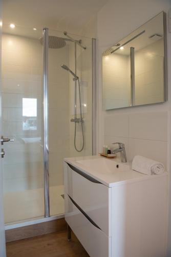une salle de bain blanche avec une douche et un lavabo dans l'établissement La Maison sur le Toit, Hypercentre, Terrasse, Soleil, à Lille