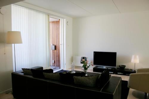 a living room with a couch and a television at Thorshavnsgade Apartment in Copenhagen