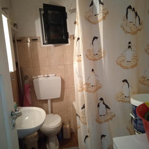 a bathroom with a toilet and a shower curtain with penguins at Ikarian Family Cottage, Ikaria Droutsoulas in Akamatra