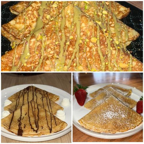 three different pictures of pancakes and strawberries on a plate at Planinska koča na Kopitniku in Dol pri Hrastniku