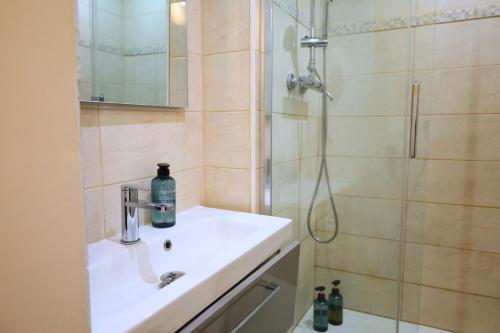 une salle de bain avec un lavabo et une douche dans l'établissement La Pause Franche - Familles et pros, parking, 2 sdb, 9 pers, à Amiens