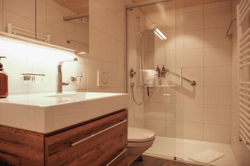 a bathroom with a sink and a toilet and a shower at apartment2lakes Matten bei Interlaken in Matten