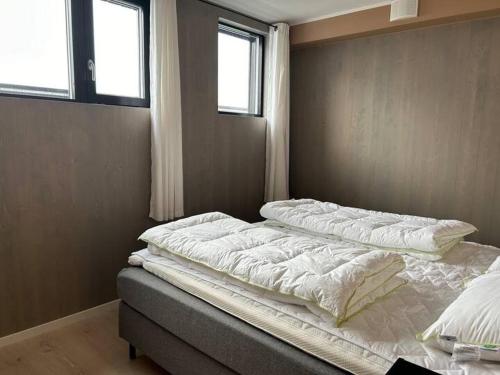 two beds in a room with two windows at Helgatunlia - Leilighet 2 in Vossevangen