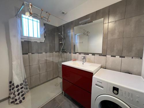 Un baño con lavabo y lavadora. en Maison au calme proche Albi, en Lescure-dʼAlbigeois