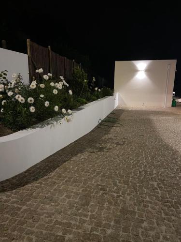 a white wall with flowers on it at night at Casas Peralta - Outeiro in Arouca