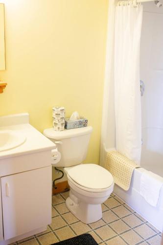 a bathroom with a white toilet and a sink at Greenwich View Cottages (Unit #3) in Saint Peters